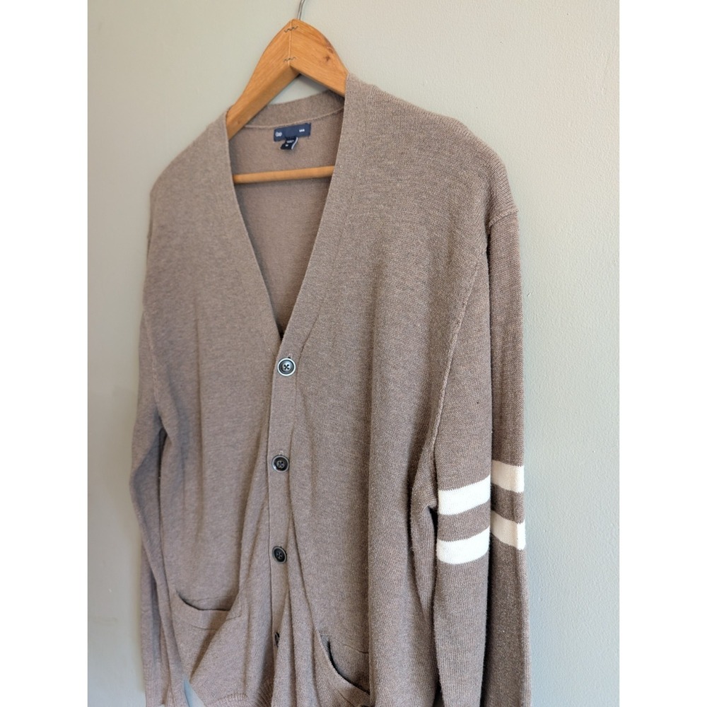 GAP Varsity Cardigan Sweater Women's Medium Tan Taupe White Stripe Sleeve V-Neck
